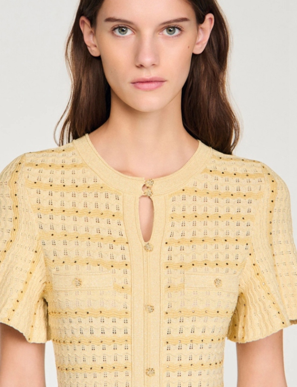 🟡Sandro Yellow Textured Knit Midi Dress Button Front Faux Pockets - Picture 5 of 12